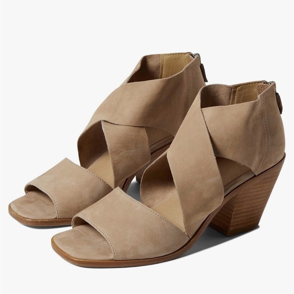 Eileen Fisher Ann Tan Nubuck Soft Crisscross Strap Block Heel Sandals - Picture 1 of 10